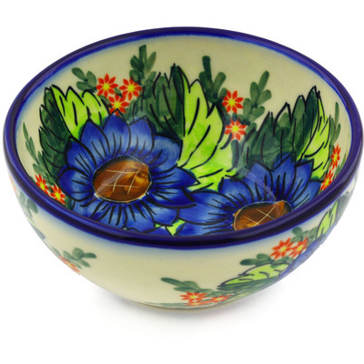Polish Pottery Bowl 6&quot; Blue Bouquet UNIKAT