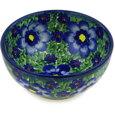 Polish Pottery Bowl 6&quot; Blue Daisies UNIKAT