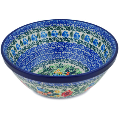 Polish Pottery Bowl 6&quot; Blue Daisy Bouquet UNIKAT