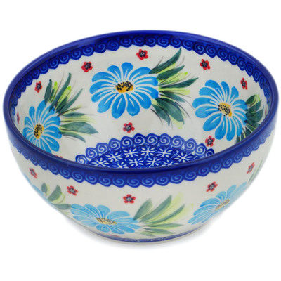 Polish Pottery Bowl 6&quot; Blue Daisy Dance UNIKAT