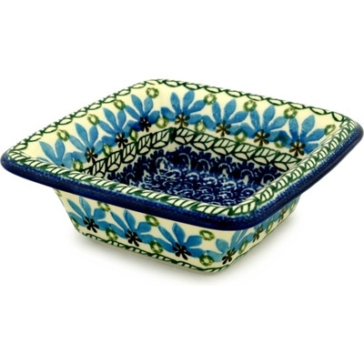 Polish Pottery Bowl 6&quot; Blue Fan Flowers
