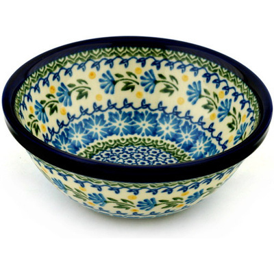 Polish Pottery Bowl 6&quot; Blue Fan Flowers