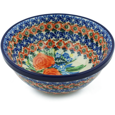 Polish Pottery Bowl 6&quot; Blue Ribbon Roses UNIKAT