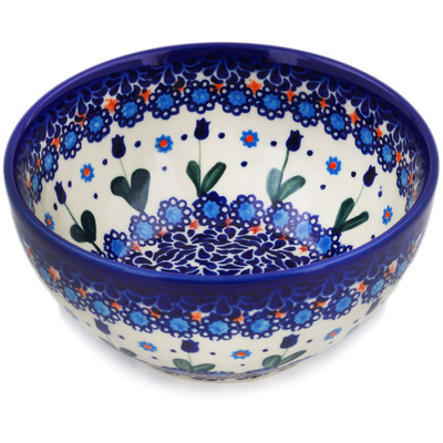 Polish Pottery Bowl 6&quot; Blue Tulip Garden UNIKAT