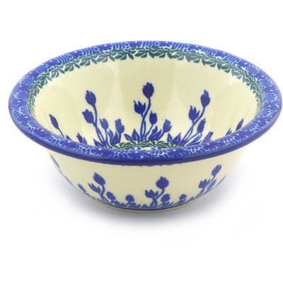 Polish Pottery Bowl 6" Blue Tulips On White