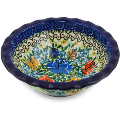 Polish Pottery Bowl 6&quot; Bluebonnets And Roses UNIKAT