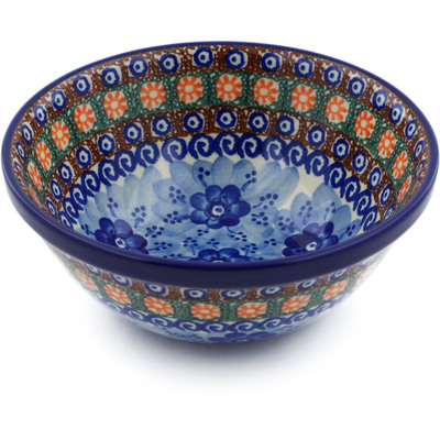 Polish Pottery Bowl 6&quot; Dancing Blue Poppies UNIKAT