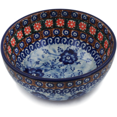 Polish Pottery Bowl 6&quot; Dancing Blue Poppies UNIKAT