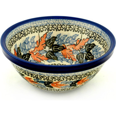 Polish Pottery Bowl 6&quot; Gray Leaves UNIKAT