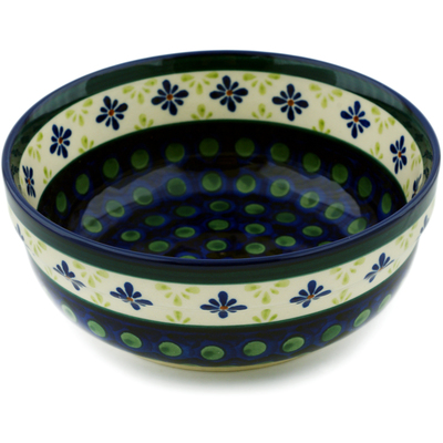 Polish Pottery Bowl 6&quot; Green Gingham Peacock