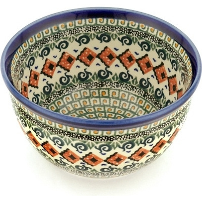 Polish Pottery Bowl 6&quot; Green Mosaic UNIKAT