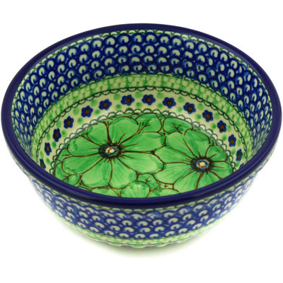 Polish Pottery Bowl 6&quot; Green Pansies UNIKAT