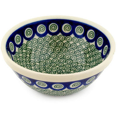 Polish Pottery Bowl 6&quot; Green Peacock Swirl