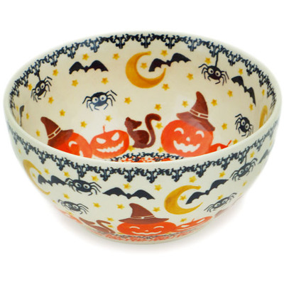Polish Pottery Bowl 6&quot; Halloween Spooky Pumpkin
