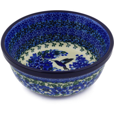 Polish Pottery Bowl 6&quot; Hummingbird Blue UNIKAT