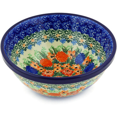Polish Pottery Bowl 6&quot; Hummingbird Bouquet UNIKAT