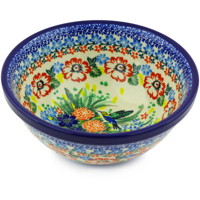 Polish Pottery Bowl 6&quot; Hummingbird Meadow UNIKAT