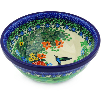 Polish Pottery Bowl 6&quot; Hummingbird Meadow UNIKAT