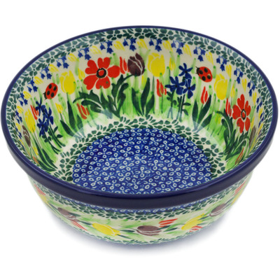 Polish Pottery Bowl 6&quot; Lady Bug Tulips UNIKAT
