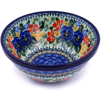 Polish Pottery Bowl 6&quot; Midnight Pansy Twins UNIKAT