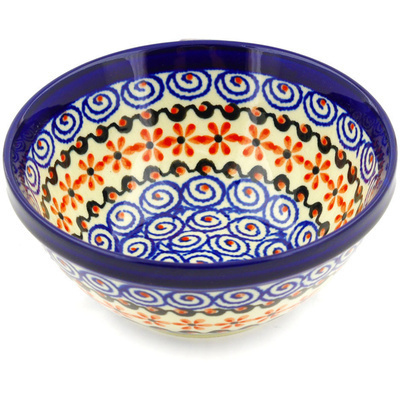 Polish Pottery Bowl 6&quot; Orange Daisy Swirl