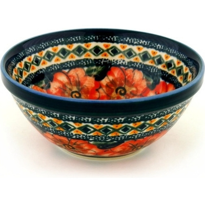Polish Pottery Bowl 6&quot; Peach Poppies UNIKAT
