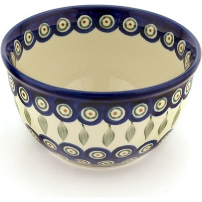 Polish Pottery Bowl 6&quot; Peacock Leaves