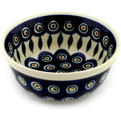 Polish Pottery Bowl 6&quot; Peacock Leaves