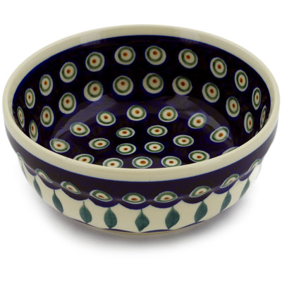 Polish Pottery Bowl 6&quot; Peacock Leaves