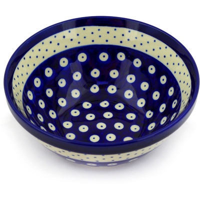 Polish Pottery Bowl 6&quot; Peacock Polka Dot