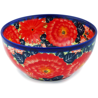 Polish Pottery Bowl 6&quot; Radiant Red Garden UNIKAT