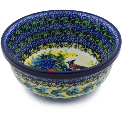 Polish Pottery Bowl 6&quot; Red Breasted Bluejay UNIKAT