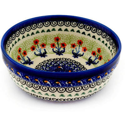 Polish Pottery Bowl 6&quot; Red Daisy Blooms UNIKAT