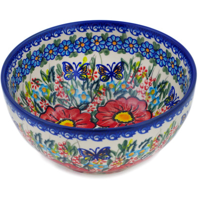 Polish Pottery Bowl 6&quot; Red Hibiscus UNIKAT