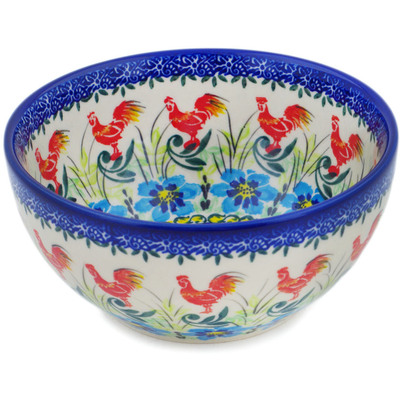 Polish Pottery Bowl 6&quot; Red Rooster UNIKAT