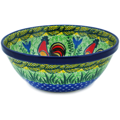 Polish Pottery Bowl 6&quot; Rooster Parade UNIKAT