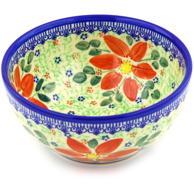 Polish Pottery Bowl 6&quot; Snow Coral Zinnias UNIKAT