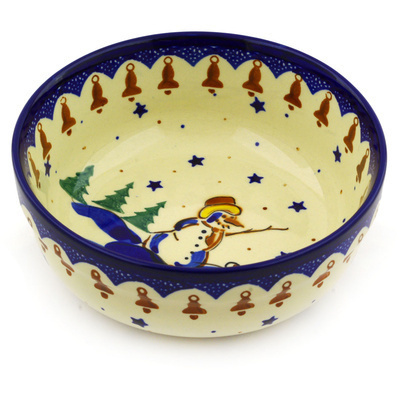 Polish Pottery Bowl 6&quot; Snowman Bells