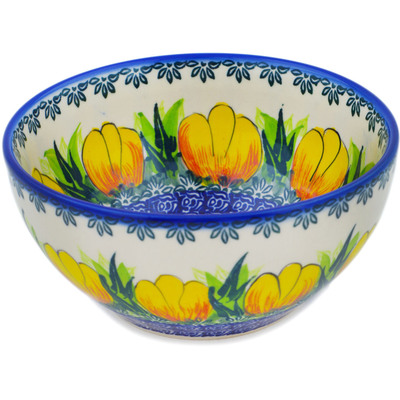 Polish Pottery Bowl 6&quot; Spring Yellow Tulip UNIKAT