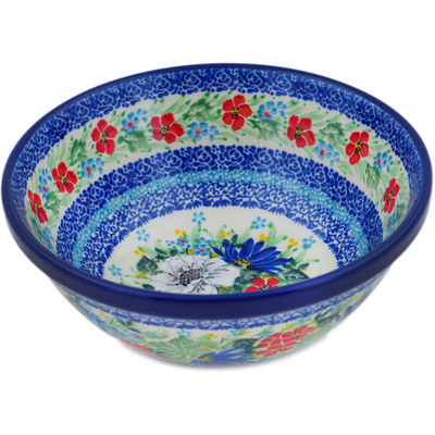 Polish Pottery Bowl 6&quot; White Anemone Flowers UNIKAT