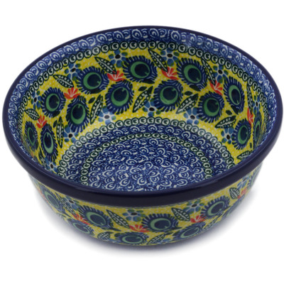 Polish Pottery Bowl 6&quot; Yellow Peacock Flowers UNIKAT