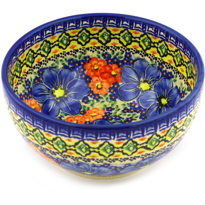Polish Pottery Bowl 7&quot; Aztec Flowers UNIKAT