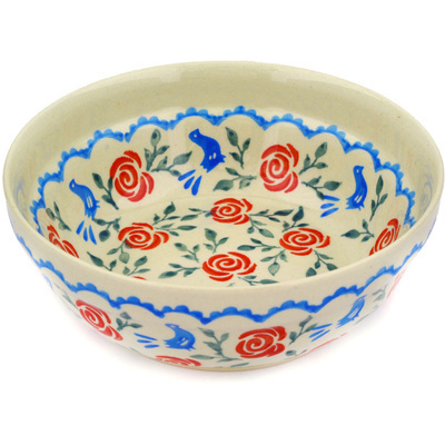 Polish Pottery Bowl 7&quot; Blue Bird Rose
