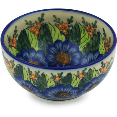 Polish Pottery Bowl 7&quot; Blue Bouquet UNIKAT