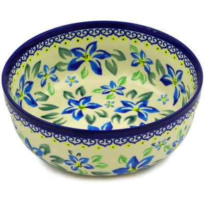 Polish Pottery Bowl 7&quot; Blue Clematis