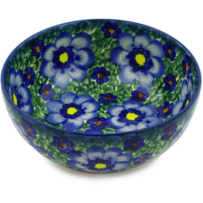 Polish Pottery Bowl 7&quot; Blue Daisies UNIKAT