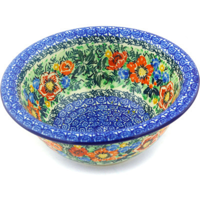 Polish Pottery Bowl 7&quot; Blue Daisy Bouquet UNIKAT