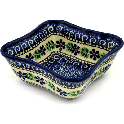 Polish Pottery Bowl 7&quot; Blue Daisy Swirls