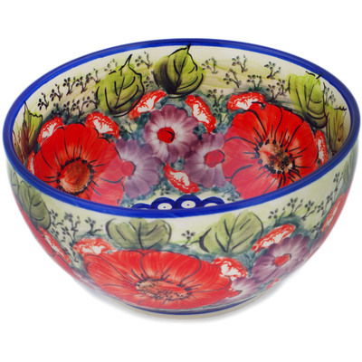 Polish Pottery Bowl 7&quot; Blue Eyes Bouquet UNIKAT