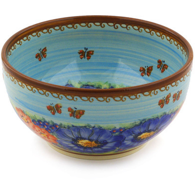 Polish Pottery Bowl 7&quot; Blue Garden UNIKAT
